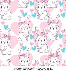 Hand Drawn Cute Bunny Pattern, print design rabbit background, children print textile design