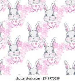 Hand Drawn Cute Bunny Pattern, print design rabbit background, children print textile design