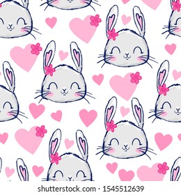 Hand drawn cute bunny pattern seamless. Rabbit illustration print design for textile.