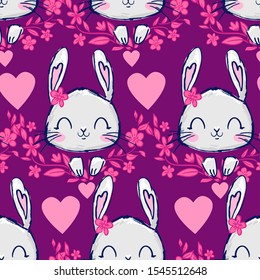 Hand drawn cute bunny pattern seamless. Rabbit illustration print design for textile.