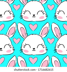 Hand Drawn Cute Bunny Pattern, print design rabbit background, children print textile design.