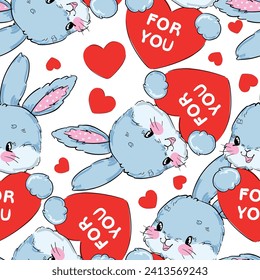 Hand Drawn Cute Bunny Pattern, print design Valentine's Day background, rabbit seamless pattern children print textile design Vector Illustration