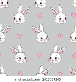 Hand Drawn Cute Bunny Pattern, print design rabbit background, children print textile design