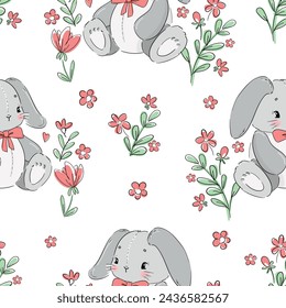 Hand Drawn Cute Bunny Pattern, print design rabbit background, children print textile design