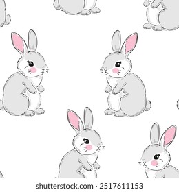 Hand Drawn Cute Bunny Pattern, print design rabbit background, children print textile design