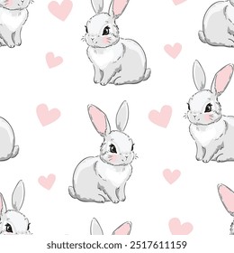 Hand Drawn Cute Bunny Pattern, print design rabbit background, children print textile design