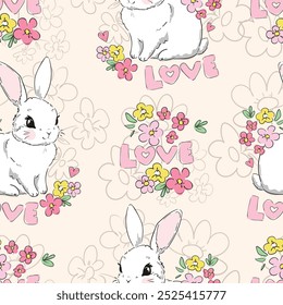 Hand Drawn Cute Bunny Pattern, print design rabbit background, children print textile design