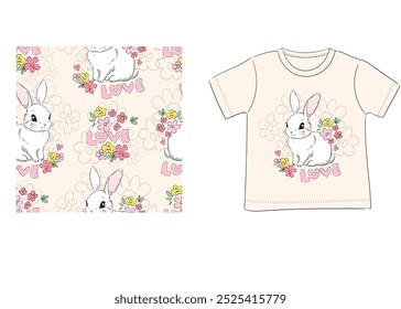 Hand Drawn Cute Bunny Pattern, print design rabbit background, children print textile design