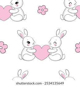 Hand Drawn Cute Bunny Pattern, print design rabbit background, print textile design, seamless pattern rabbits