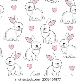 Hand Drawn Cute Bunny Pattern, print design rabbit background, children print textile design