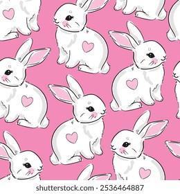 Hand Drawn Cute Bunny Pattern, print design rabbit background, children print textile design