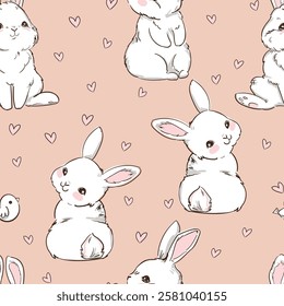 Hand Drawn Cute Bunny Pattern, print design rabbit background, children print textile design