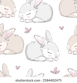 Hand Drawn Cute Bunny Pattern, print design rabbit background, children print textile design