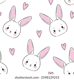 Hand Drawn Cute Bunny Pattern, print design rabbit background, children print textile design