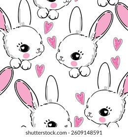 Hand Drawn Cute Bunny Pattern, print design rabbit background, children print textile design