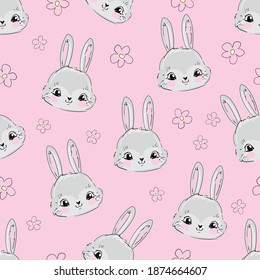 Hand drawn cute bunny and pink flower seamless pattern print design on t-shirt, sketch background vector