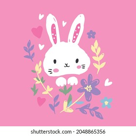 Hand Drawn Cute Bunny pink background, design rabbit, children print on t-shirt. Vector illustration