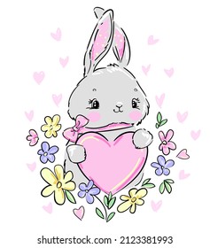 Hand drawn Cute Bunny and pink heart vector illustration print design rabbit, children print on t-shirt.   