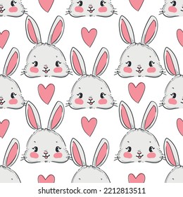 Hand Drawn Cute Bunny and pink heart seamless Pattern, print design rabbit background, children print textile design