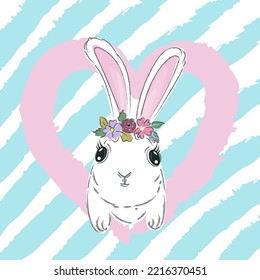 Hand drawn Cute Bunny and pink heart vector illustration print design rabbit, children print on t-shirt.
