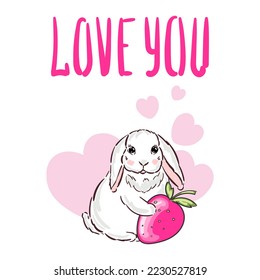 Hand drawn cute bunny, pink hearts and text Love you cartoon character rabbit vector illustration childish design print