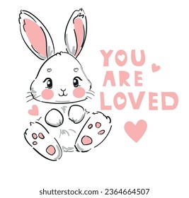 Hand Drawn Cute Bunny and pink heart, print design rabbit, children print on t-shirt