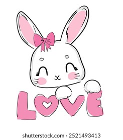 Hand Drawn Cute Bunny and pink bow vector, print design