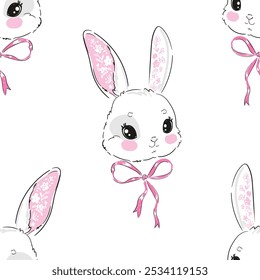 Hand Drawn Cute Bunny and pink bow Pattern, print design rabbit background, children print textile design