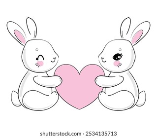 Hand Drawn Cute Bunny with pink heart, print design rabbit, 