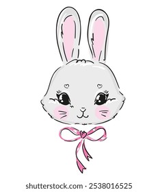 Hand Drawn Cute Bunny and pink bow, print design rabbit. Vector