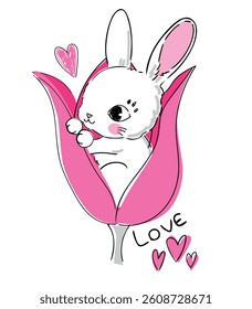 Hand Drawn Cute Bunny in a Pink Tulip with Hearts Love Vector Illustration