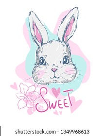 Hand Drawn Cute Bunny, print design rabbit, children print on t-shirt. 