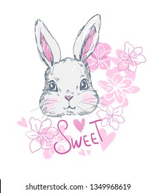 Hand Drawn Cute Bunny, print design rabbit, children print on t-shirt. 