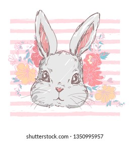 Hand Drawn Cute Bunny, print design rabbit, children print on t-shirt. 