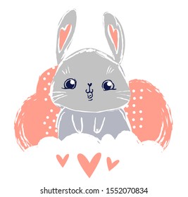 Hand Drawn Cute Bunny, print design rabbit, children print on t-shirt. Vector illustration.