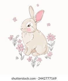 Hand Drawn Cute Bunny, print design rabbit, children print on t-shirt.