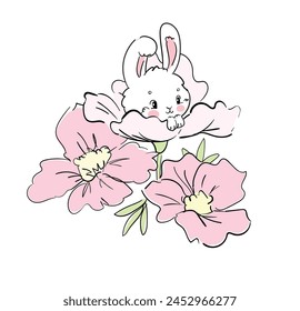 Hand Drawn Cute Bunny, print design rabbit, children print on t-shirt.