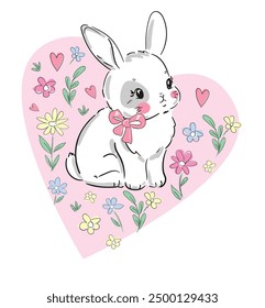 Hand Drawn Cute Bunny, print design rabbit, children print on t-shirt.