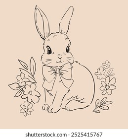 Hand Drawn Cute Bunny, print design rabbit, children print on t-shirt.