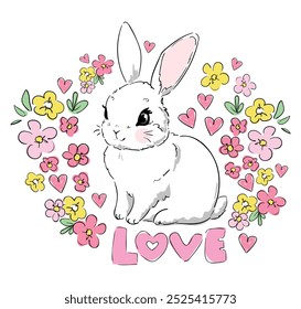 Hand Drawn Cute Bunny, print design rabbit, children print on t-shirt.