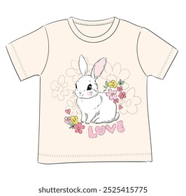 Hand Drawn Cute Bunny, print design rabbit, children print on t-shirt.