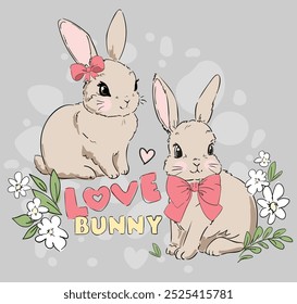 Hand Drawn Cute Bunny, print design rabbit, children print on t-shirt.