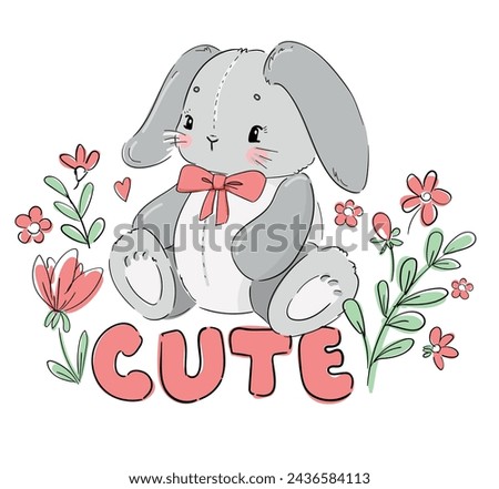 Hand Drawn Cute Bunny, print design rabbit, children print on t-shirt.
