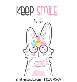 Hand drawn cute bunny rabbit with glasses- Vector