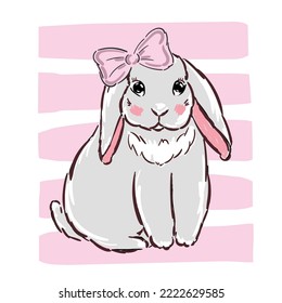 Dibujo manual de conejo lindo, ilustración de la impresión de conejo para camisetas infantiles.
