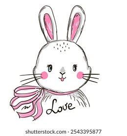 Hand drawn cute bunny, rabbit with bow and the inscription love. Vector illustration in cartoon style