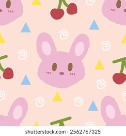 Hand drawn cute bunny rabbit face in kawaii style seamless pattern. Ideal print for fabrics, textiles, backdrop, wrapping paper, children product, etc
