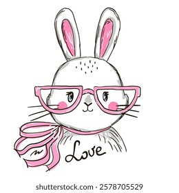 Hand drawn cute bunny, rabbit with bow and the inscription love. Vector illustration in cartoon style