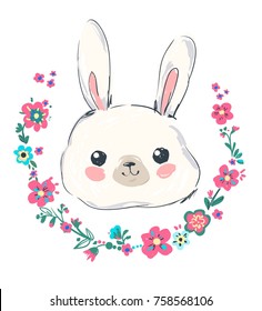 Hand Drawn Cute Bunny, rabbit and flowers