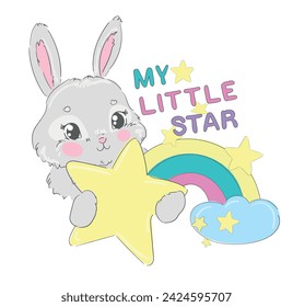 Hand Drawn cute Bunny and rainbow, My Little Star vector illustration, kids print design